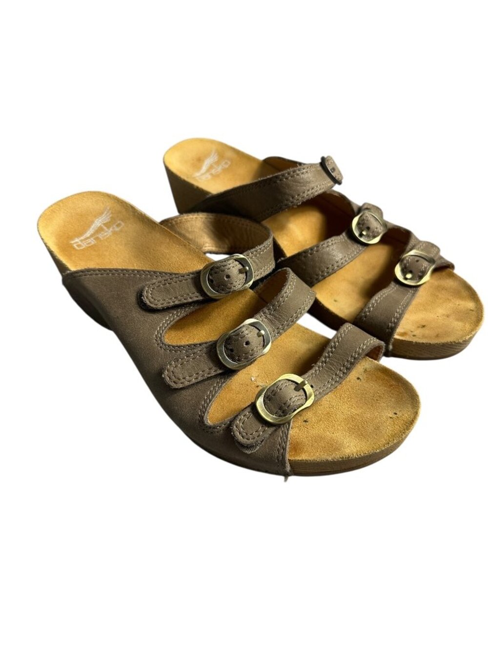 Dansko Tarin Leather Wedge Sandals EU 38 Brown Triple Buckle Comfort Slides